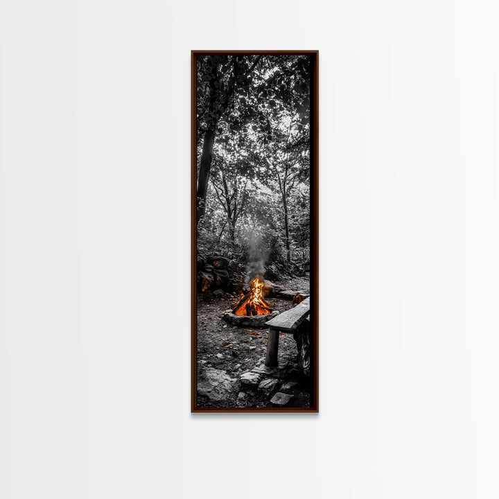 Forest Firepit, Glowing Flames, Wilderness Night, Framed Canvas Print, Camping Wall Art, Rustic Fall Decor, Cabin Living Style