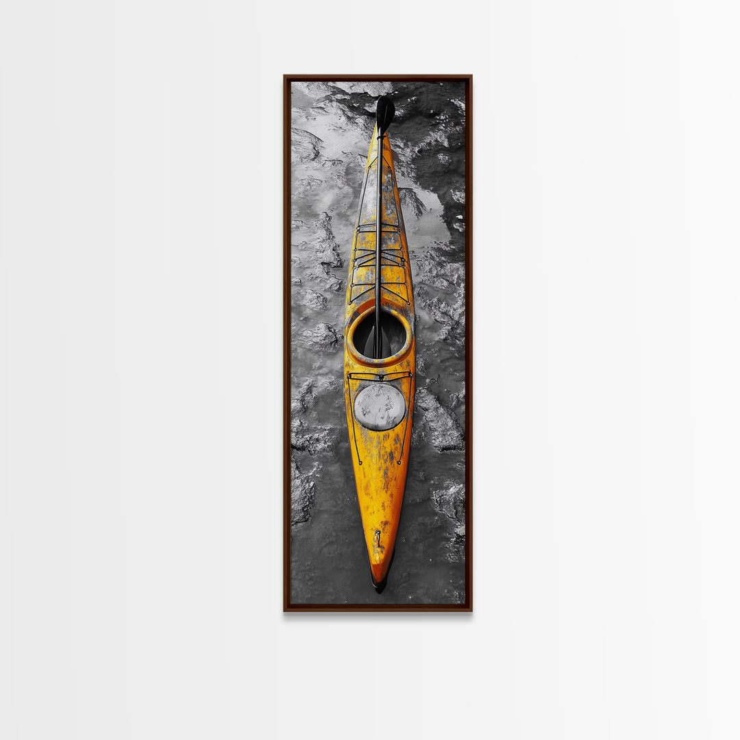 Yellow Kayak, Muddied Shoreline, Solo Adventure, Framed Canvas Print, Rustic Outdoors Decor, Autumn Wall Art, Boho Kayaking Style