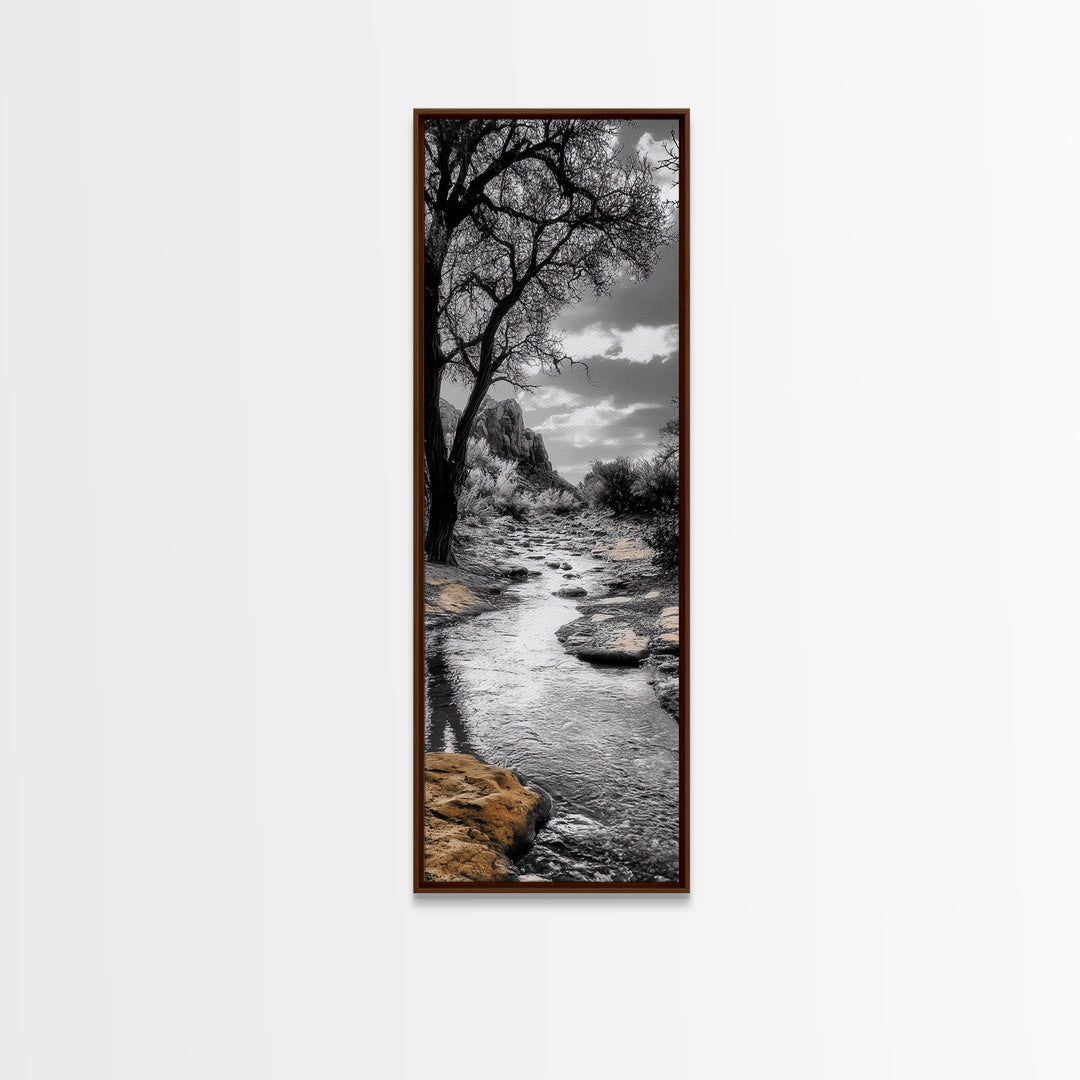 Desert Creek, Rocky Stream, Black and White Nature, Framed Canvas Print, Minimalist Southwest Art, Bedroom Decor, Monochrome Landscape