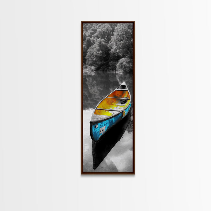 Blue and Yellow Canoe, Calm River Reflections, Rustic Boat Scene, Framed Canvas Print, Autumn Wall Art, Nature Inspired Decor