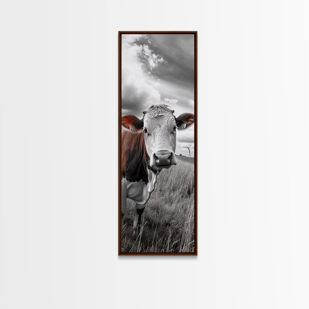 Curious Cow Portrait, Rustic Farmhouse Decor, Country Field Vibe, Framed Canvas Print, Western Wall Art, Kitchen or Dining Room Accent