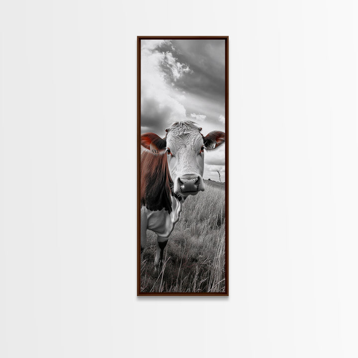 Curious Cow Portrait, Rustic Farmhouse Decor, Country Field Vibe, Framed Canvas Print, Western Wall Art, Kitchen or Dining Room Accent