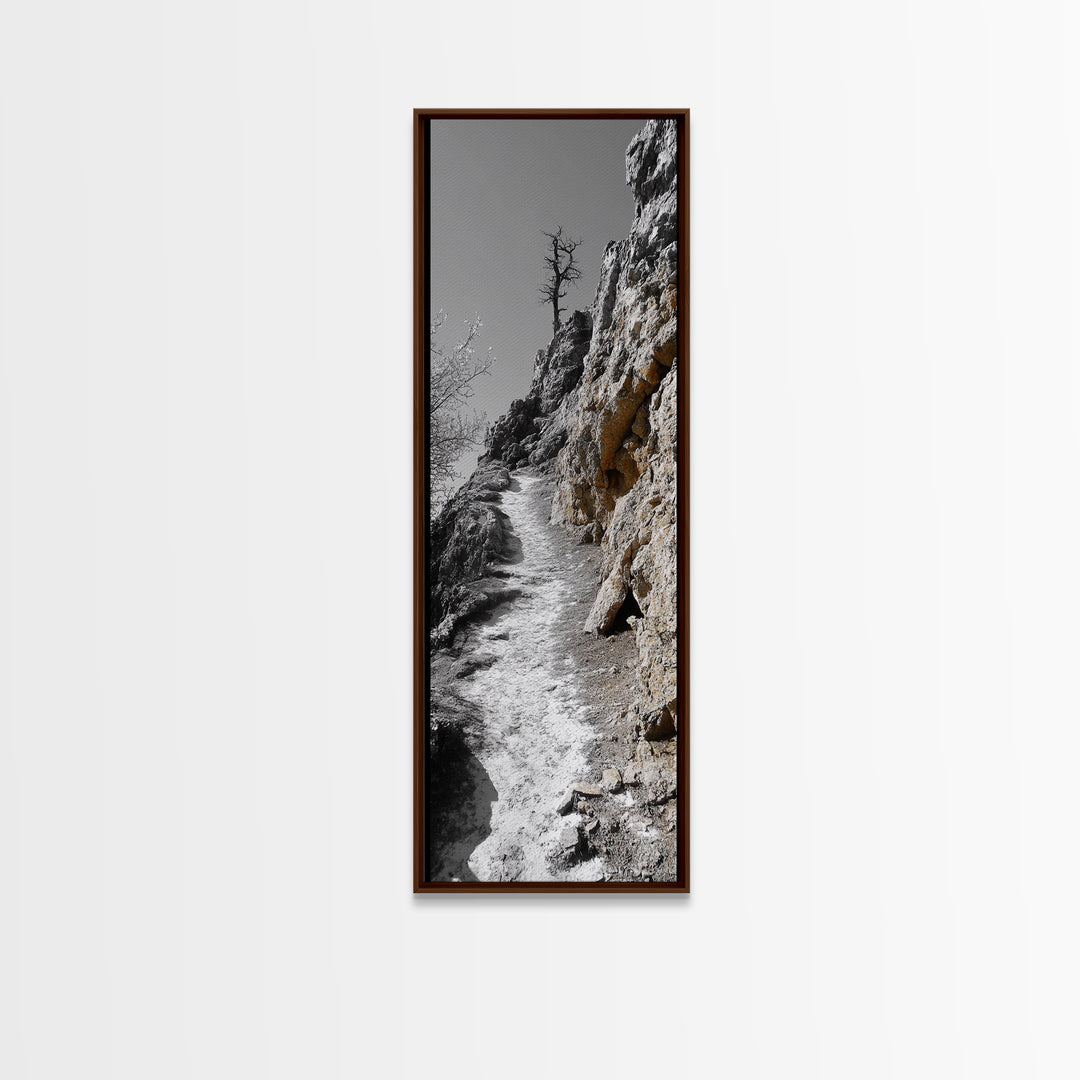 Cliff Pathway Art, Nature Trail Scene, Monochrome Rustic Landscape, Framed Canvas Print, Mountain Cabin Entryway Wall Decor