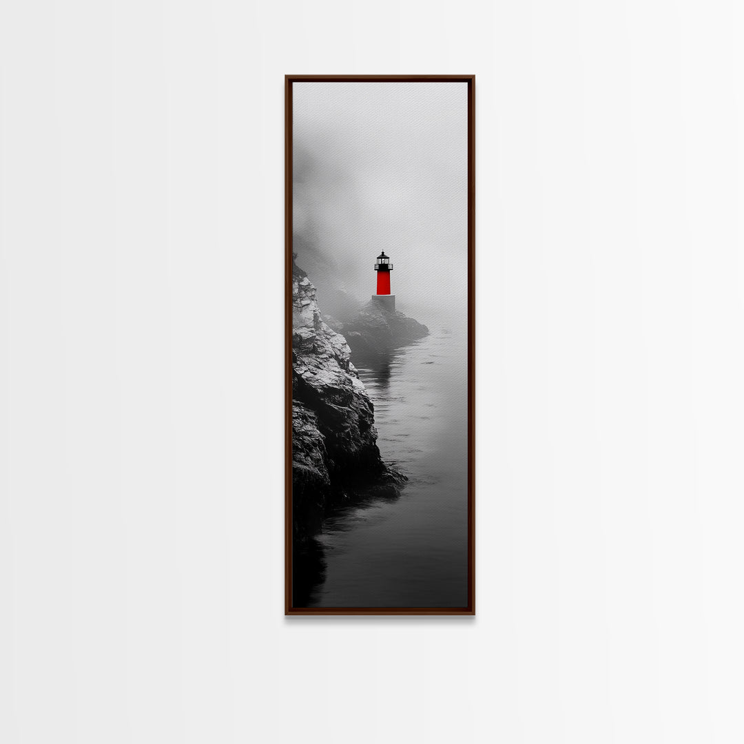 Misty Lighthouse View, Red Beacon Decor, Coastal Minimalist Art, Framed Canvas Print, Modern Seascape Living Room Wall Decor