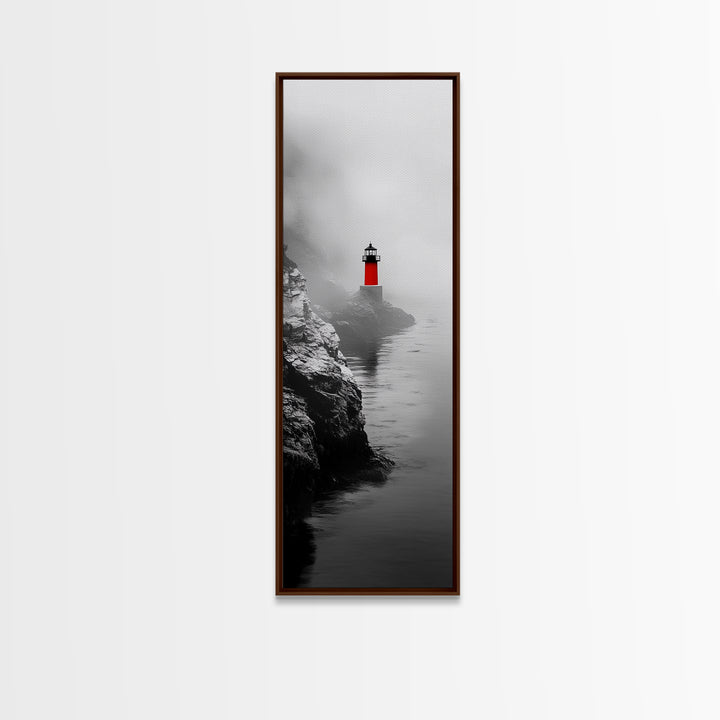 Misty Lighthouse View, Red Beacon Decor, Coastal Minimalist Art, Framed Canvas Print, Modern Seascape Living Room Wall Decor