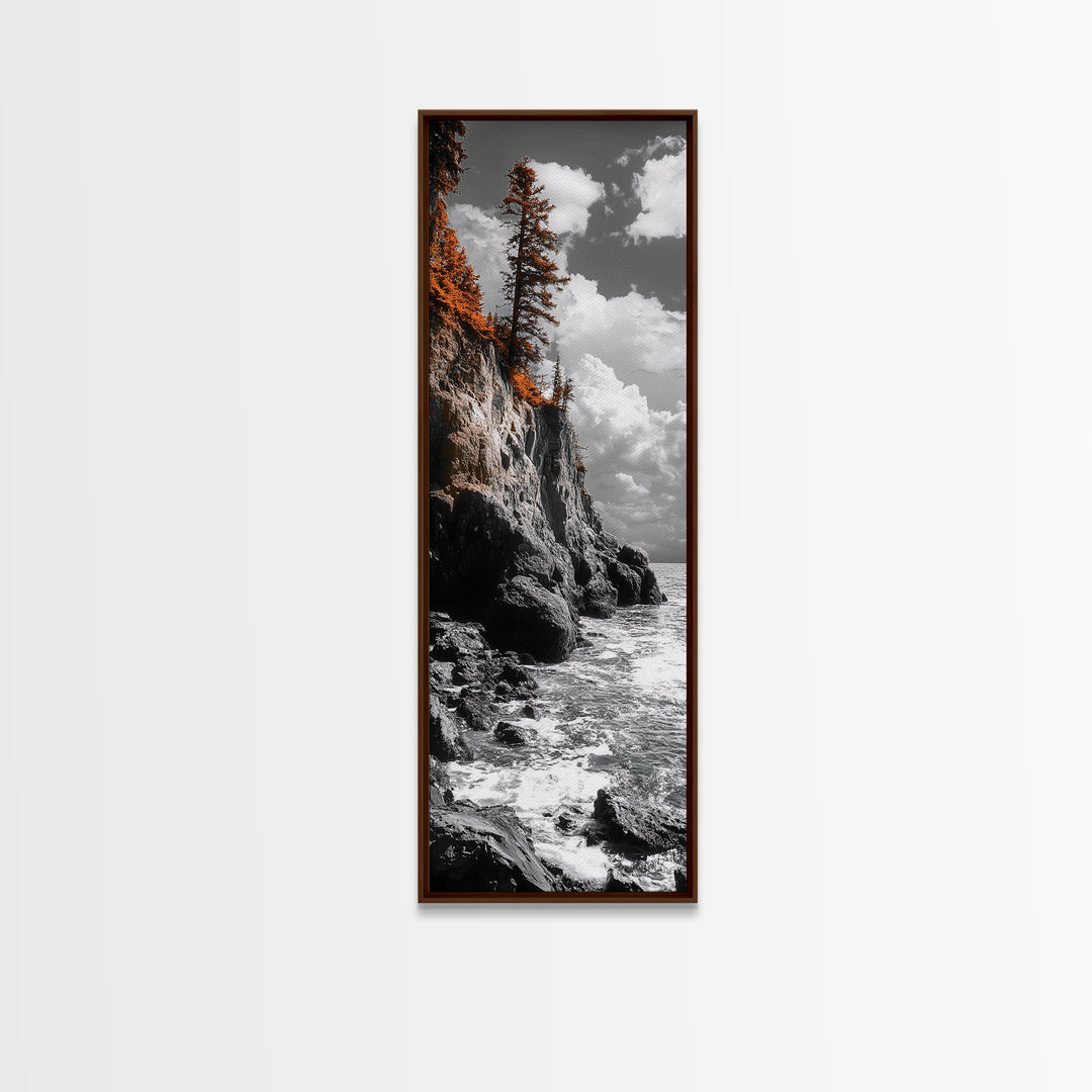 Autumn Cliff Scene, Bold Trees Coastal Wall Art, Fall Foliage Home Style, Framed Canvas Print, Seasonal Nature Living Room Decor