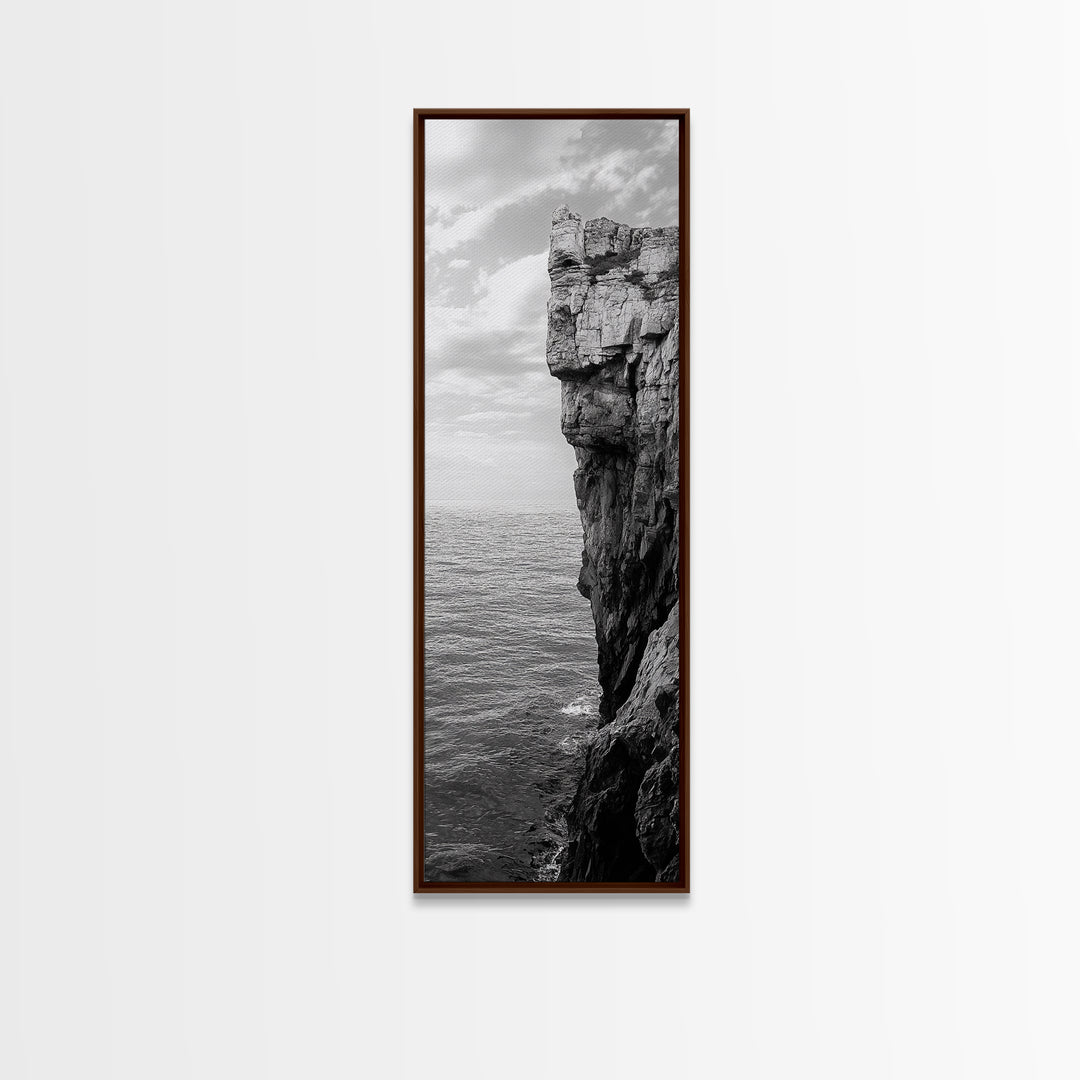 Ocean Cliff Edge, Rugged Coastline Art, Black White Landscape Print, Framed Canvas Print, Modern Seaside Office Wall Decor, Moody Landscape