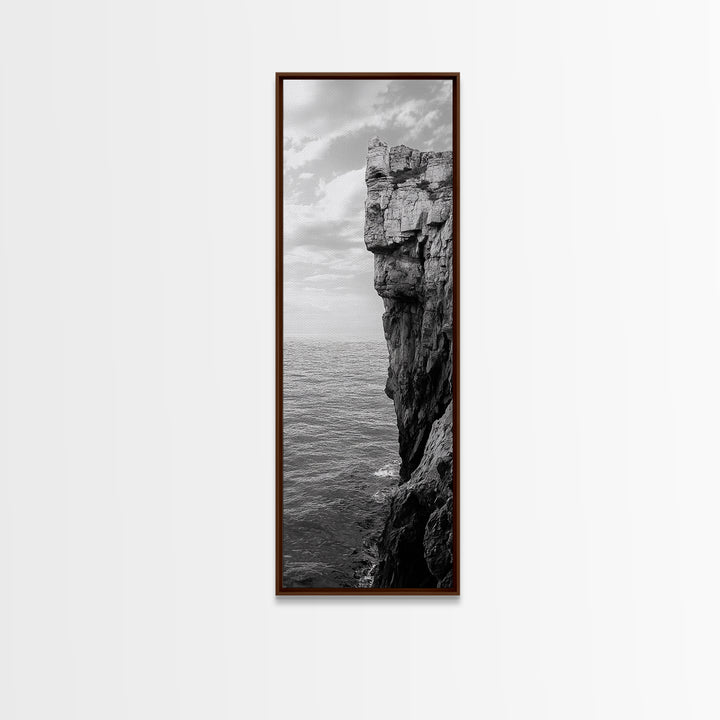 Ocean Cliff Edge, Rugged Coastline Art, Black White Landscape Print, Framed Canvas Print, Modern Seaside Office Wall Decor, Moody Landscape