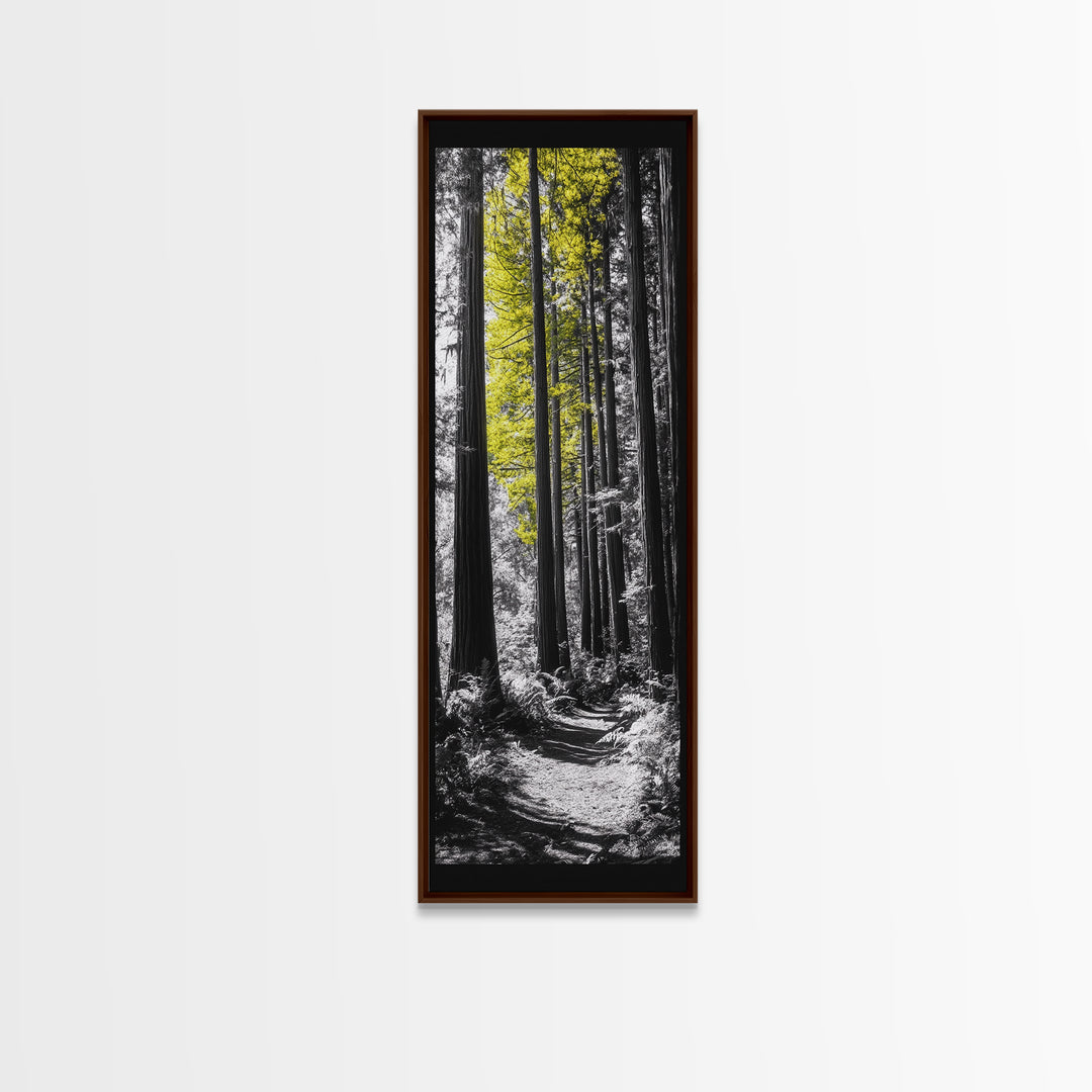 Forest Path Print, Yellow Tree Glow Art, Nature Lover’s Retreat, Framed Canvas Print, Fall Woodland Living Room Wall Decor, Moody Landscape