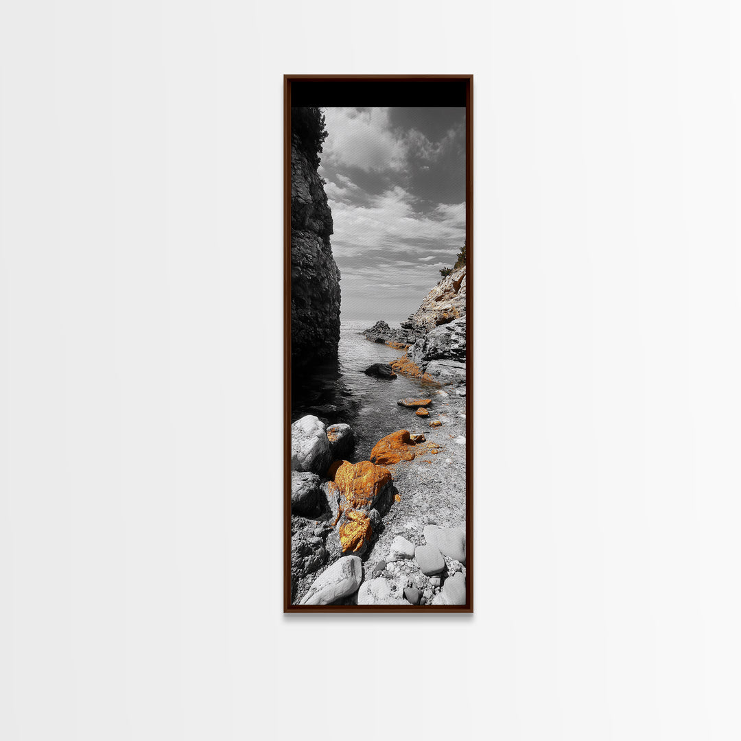 Golden Rocks, Ocean Cove, Tranquil Shoreline, Nature Wall Decor, Canvas Print, Modern Coastal Art, Bathroom or Hallway Wall Art, Neutral Tones
