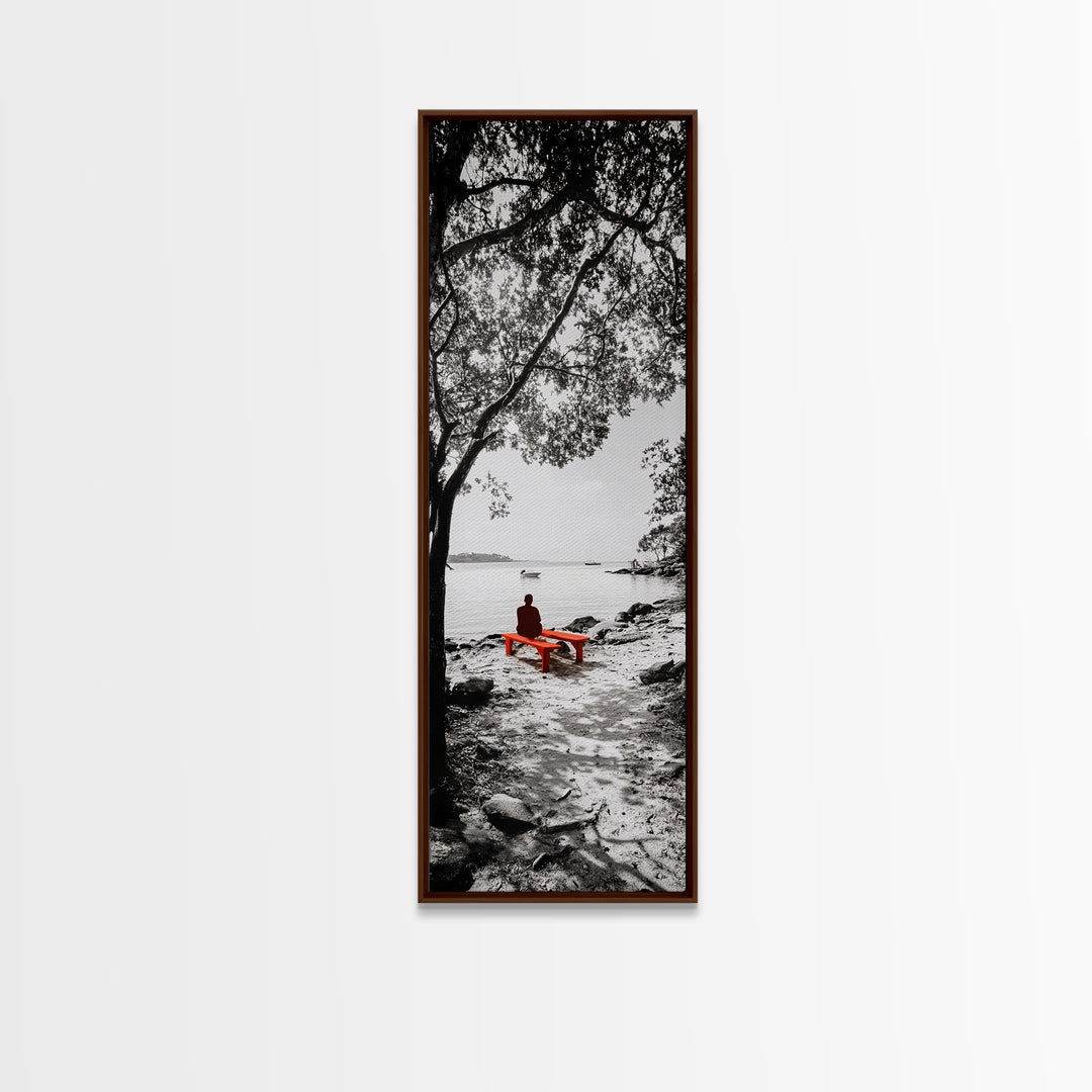 Lonely Figure, Red Bench, Reflective Scene, Peaceful Beach Wall Art, Framed Canvas Print, Black and White Photography, Zen Room Decor