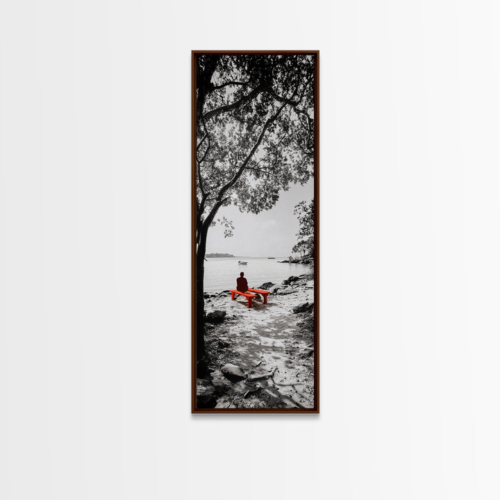 Lonely Figure, Red Bench, Reflective Scene, Peaceful Beach Wall Art, Framed Canvas Print, Black and White Photography, Zen Room Decor