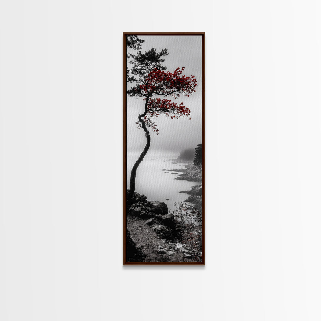Curved Tree, Foggy Coastline, Red Leaves, Moody Nature Canvas Print, Autumn Landscape, Bedroom Wall Art, Minimalist Earthy Decor