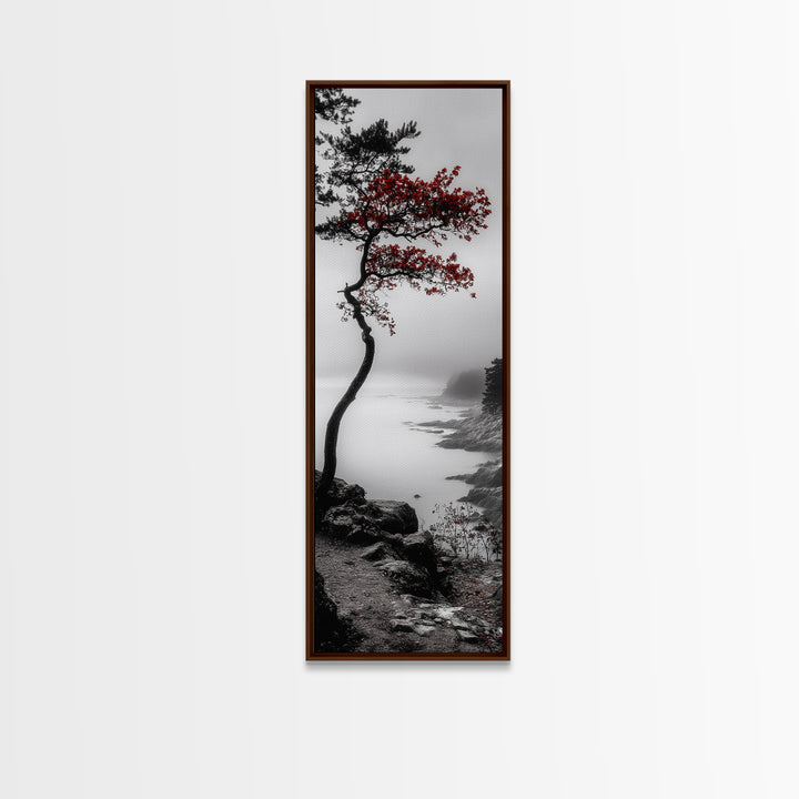 Curved Tree, Foggy Coastline, Red Leaves, Moody Nature Canvas Print, Autumn Landscape, Bedroom Wall Art, Minimalist Earthy Decor