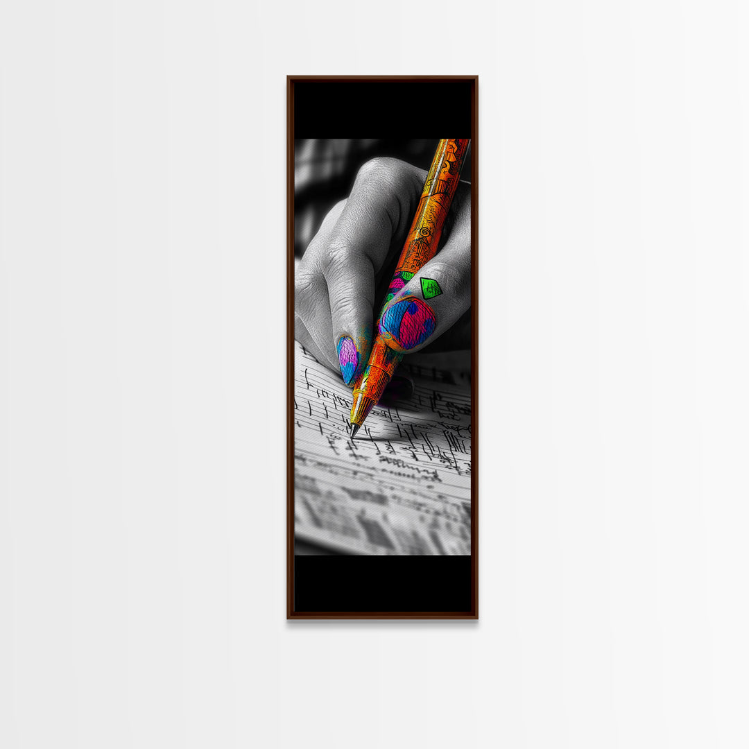 Vibrant Nails, Artistic Pen, Writing Closeup, Framed Canvas Print, Bold Office Wall Art, Pop Art Style, Creative Studio Decor