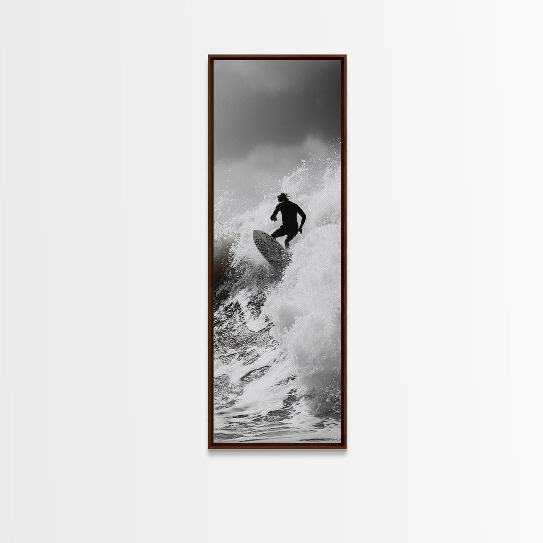 Surfer Wave, Extreme Sports, Ocean Power, Surf Culture, Dynamic Motion Shot, Framed Canvas Print, Coastal Teen Bedroom Wall Art