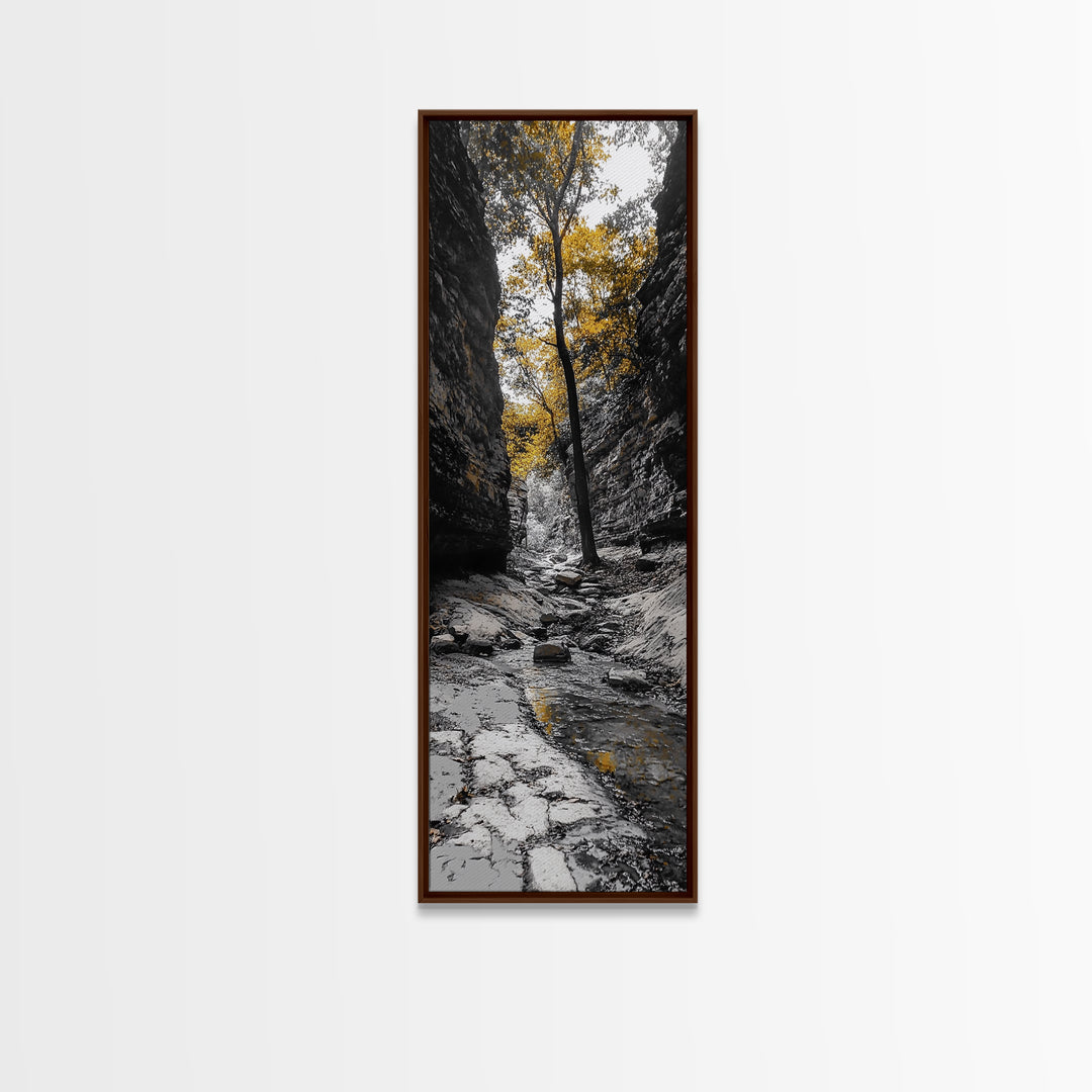Autumn Gorge, Fall Stream, Yellow Trees, Nature Canyon Trail, Framed Canvas Print, Rustic Hallway Decor, Cozy Autumn Living Room Art