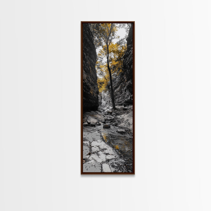 Autumn Gorge, Fall Stream, Yellow Trees, Nature Canyon Trail, Framed Canvas Print, Rustic Hallway Decor, Cozy Autumn Living Room Art