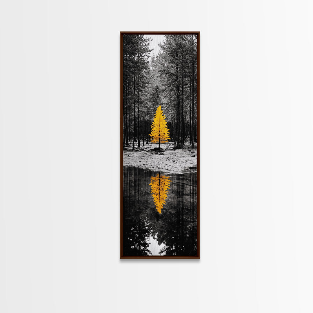 Golden Tree, Forest Reflection, Autumn Solitude, Nature Focused Minimalism, Framed Canvas Print, Zen Bathroom or Office Wall Art