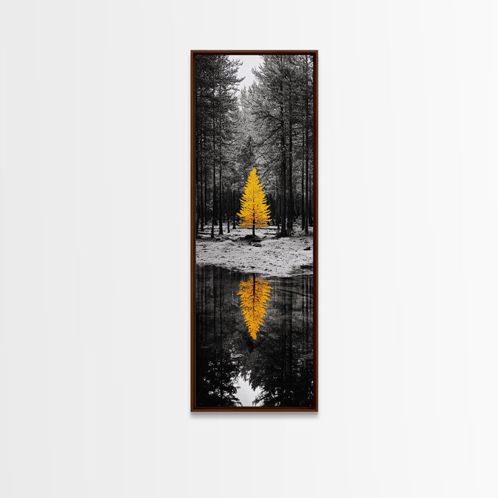 Golden Tree, Forest Reflection, Autumn Solitude, Nature Focused Minimalism, Framed Canvas Print, Zen Bathroom or Office Wall Art