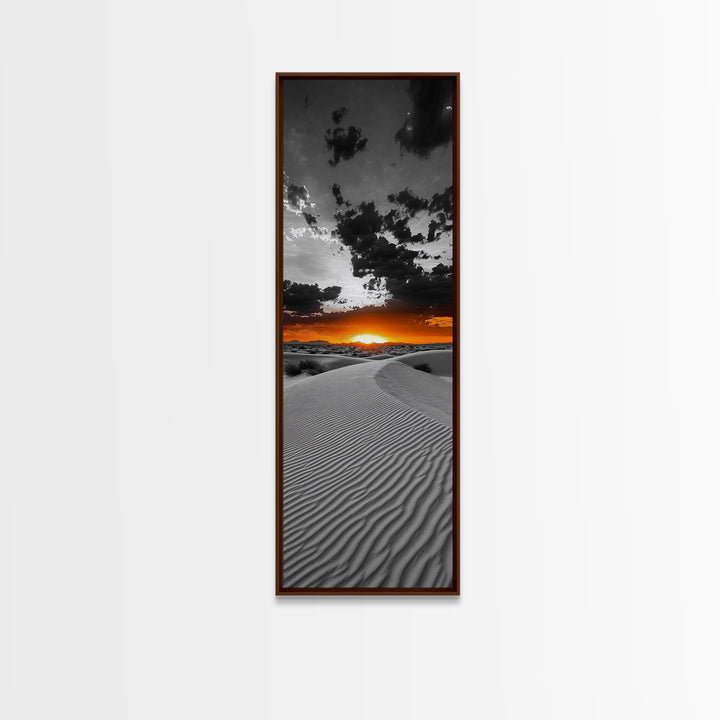 Desert Sunset, Sand Dunes, Fiery Horizon, Dramatic Sky, Framed Canvas Print, Modern Living Room Wall Art, Boho Earth Tone Decor