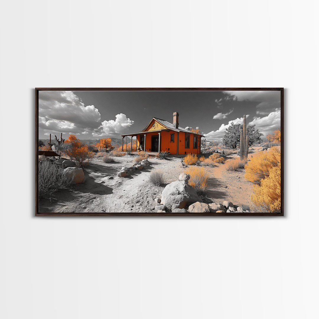 Desert Cabin, Rustic Southwest, Boho Landscape, Autumn Decor, Framed Canvas Print, Living Room Wall Art, Warm Earth Tones, Western Vibes