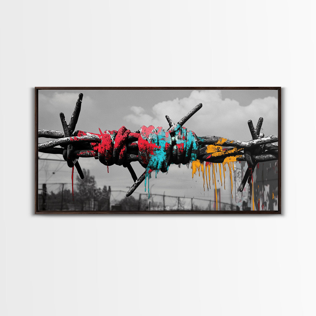 Barbed Wire, Graffiti Art, Urban Street Style, Grunge Decor, Framed Canvas Print, Industrial Wall Art, Dripping Paint, Mixed Media Style