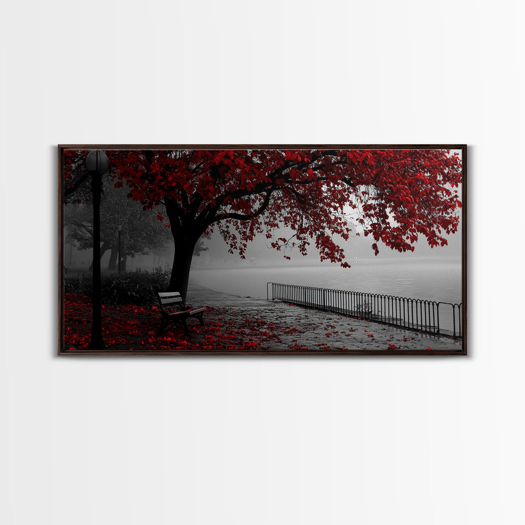 Autumn Bench, Leaves, Foggy park serenity meets bold red leaves in this Framed Canvas Print, ideal Autumn Bedroom Wall Art, Entryway Decor