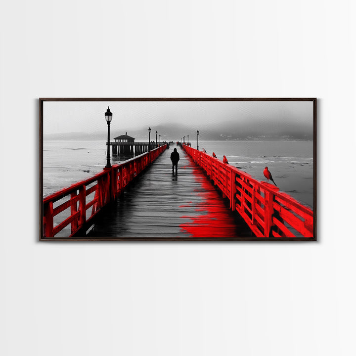Pier, Red Railings, Fog, Lonely walk down a vivid red pier into the mist in this Framed Canvas Print, Coastal Decor, Minimalist Wall Art