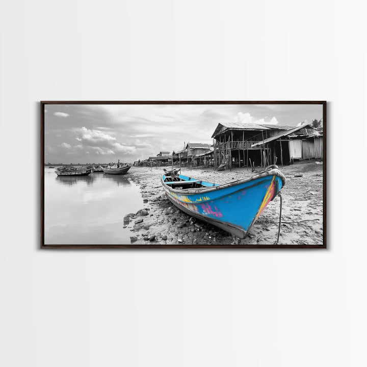 Blue Boat, Shore Village, Coastal Charm, Framed Canvas Print, Rustic Fishing Art, Seaside Home Decor, Nautical Style, Ocean Wall Art