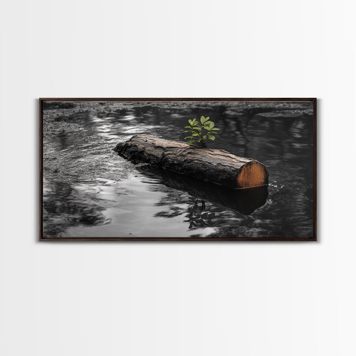 Nature Log, Life Grows, Floating Tree, Framed Canvas Print, Minimalist Growth Art, Nature Symbolism, Office Inspiration, Calm Wall Art