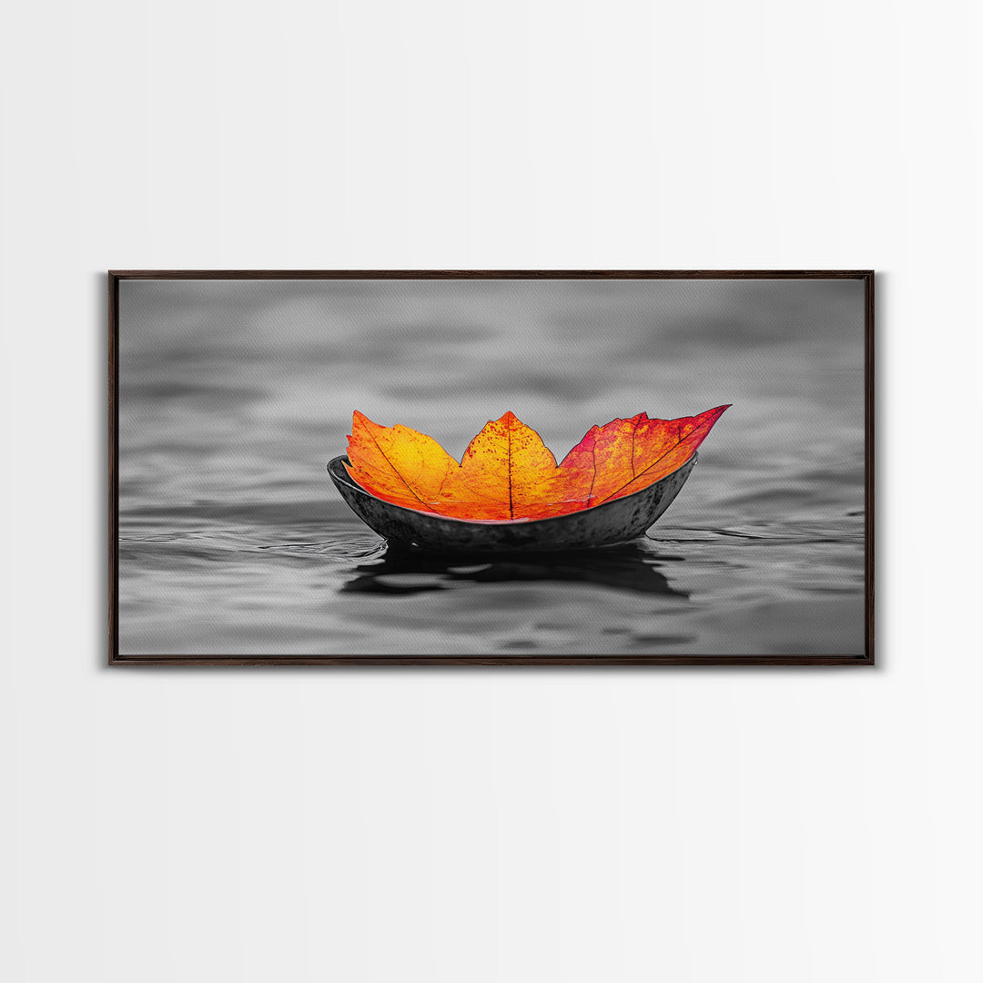 Autumn Leaf, Floating Bowl, Red Yellow Decor, Framed Canvas Print, Cozy Fall Art, Thanksgiving Wall Art, Kitchen Decor, Minimalist Style