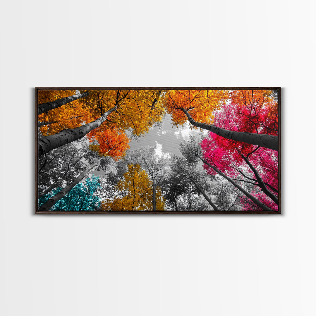 Autumn Trees, Colorful Forest, Fall Foliage, Looking Up, Framed Canvas Print, Vibrant Nature, Living Room Wall Art, Boho Style