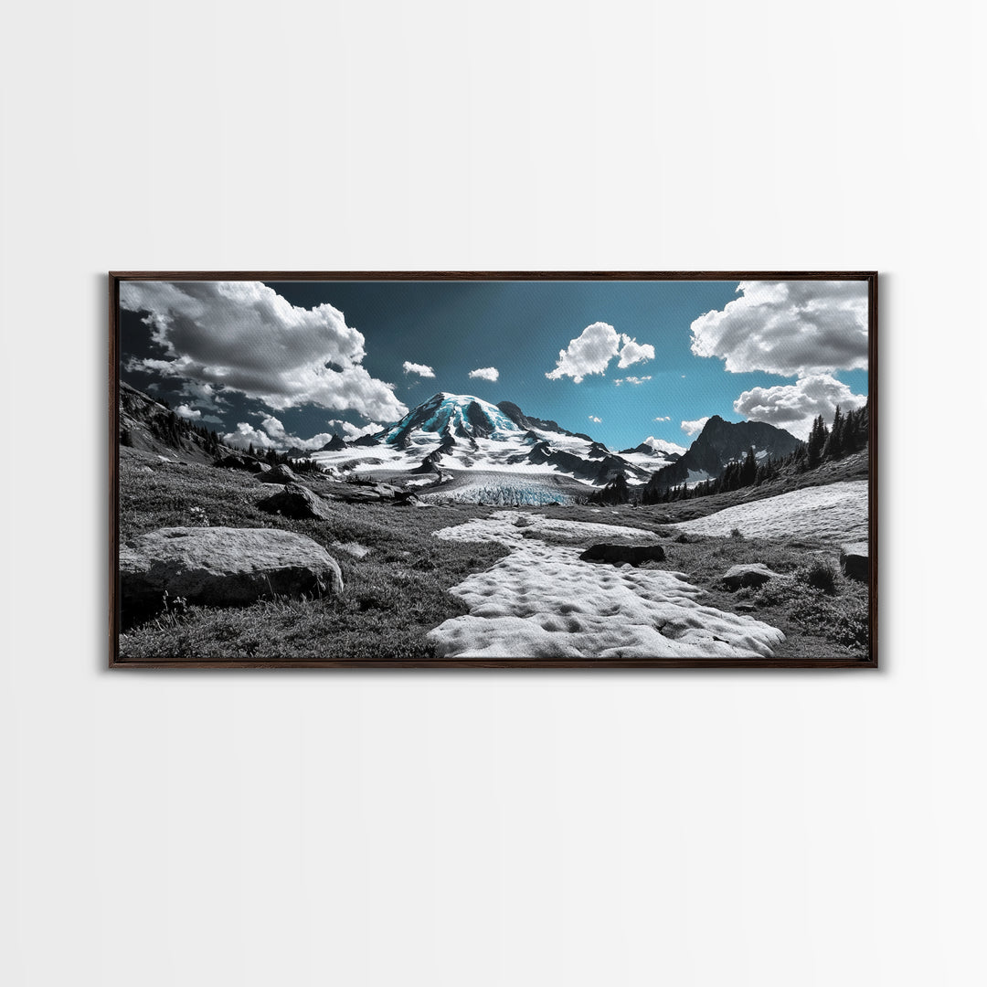 Blue Sky, Glacial Mountain, Winter Landscape, Nature Scene, Framed Canvas Print, Cabin Wall Art, Snowy Hiking Trail, Minimalist Nature Art