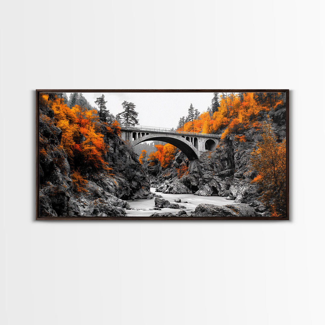 Autumn Bridge, River Gorge, Rustic Nature, Fall Trees, Framed Canvas Print, Cabin Wall Art, Seasonal Decor, Scenic Travel Landscape