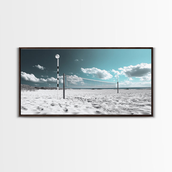 Beach Volleyball, Summer Sport, Minimalist Beach Scene, Sky Art, Framed Canvas Print, Game Room Wall Art, Coastal Modern Decor