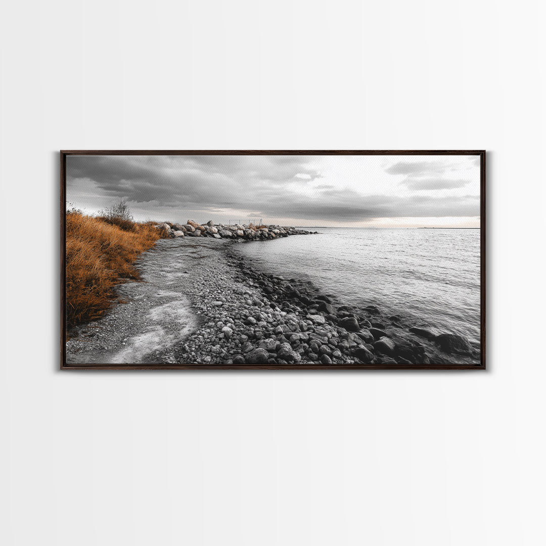 Coastal Path, Stormy Shore, Serene View, Monochrome Mood, Framed Canvas Print, Beach Wall Art, Peaceful Nature, Seaside Photography Decor