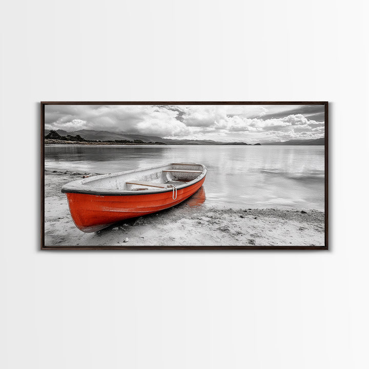 Beached Boat, Calm Waters, Cloudy Horizon, Serene Coastline, Framed Canvas Print, Coastal Wall Art, Minimalist Home Decor, Beach House