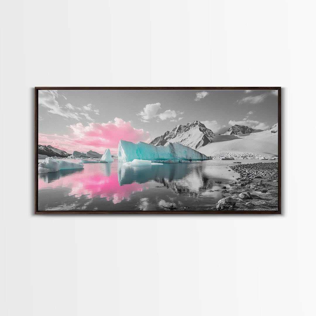 Blue Icebergs, Pink Sky, Glacial Lake, Arctic Dreamscape – Canvas Print, Nature Photography Art, Bedroom Wall Art, Serene Winter Decor