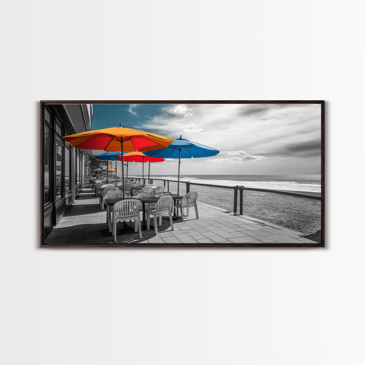 Ocean Café, Coastal Dining, Bright Umbrellas, Seaside View, Framed Canvas Print, Kitchen Wall Art, Beachfront Vibe, Color Pop Style