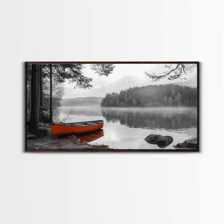Misty Lake, Orange Boat, Forest Reflections, Foggy Calm – Canvas Print, Nature Wall Art, Fall Cabin Decor, Cozy Landscape Photography
