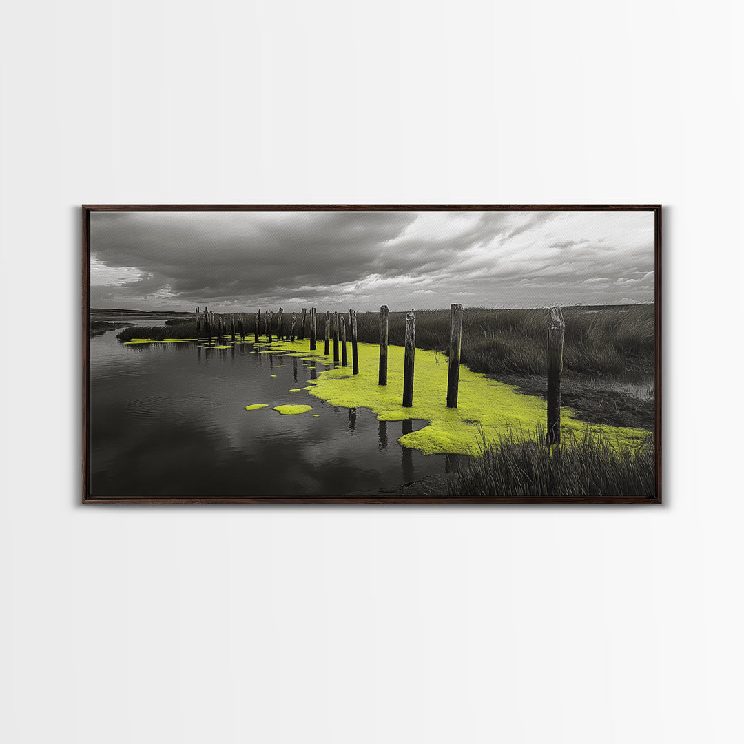Coastal Marsh, Minimalist Nature, Black and White Art, Modern Decor, Framed Canvas Print, Bathroom Wall Art, Yellow Accents, Serene Mood