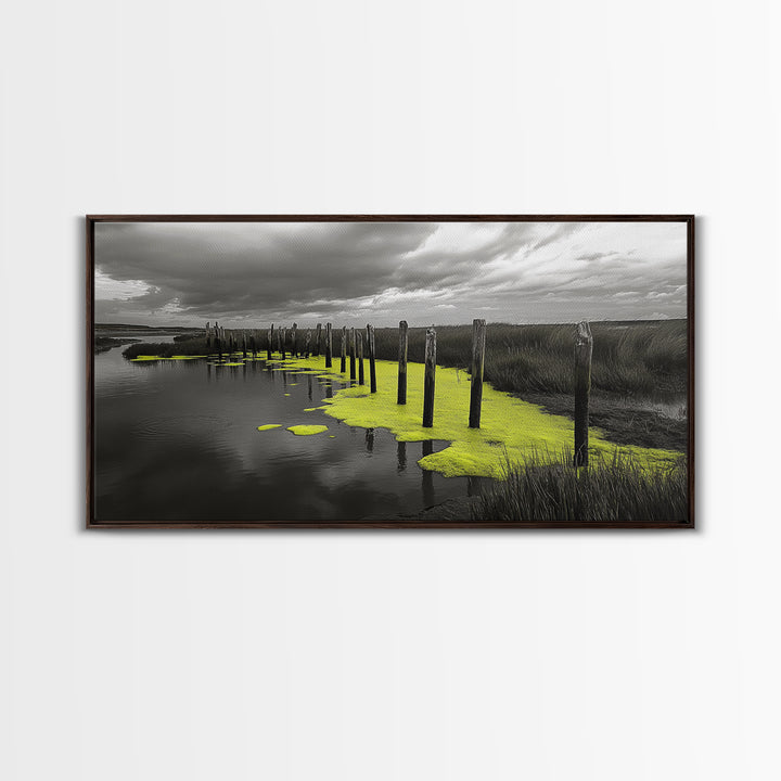 Coastal Marsh, Minimalist Nature, Black and White Art, Modern Decor, Framed Canvas Print, Bathroom Wall Art, Yellow Accents, Serene Mood