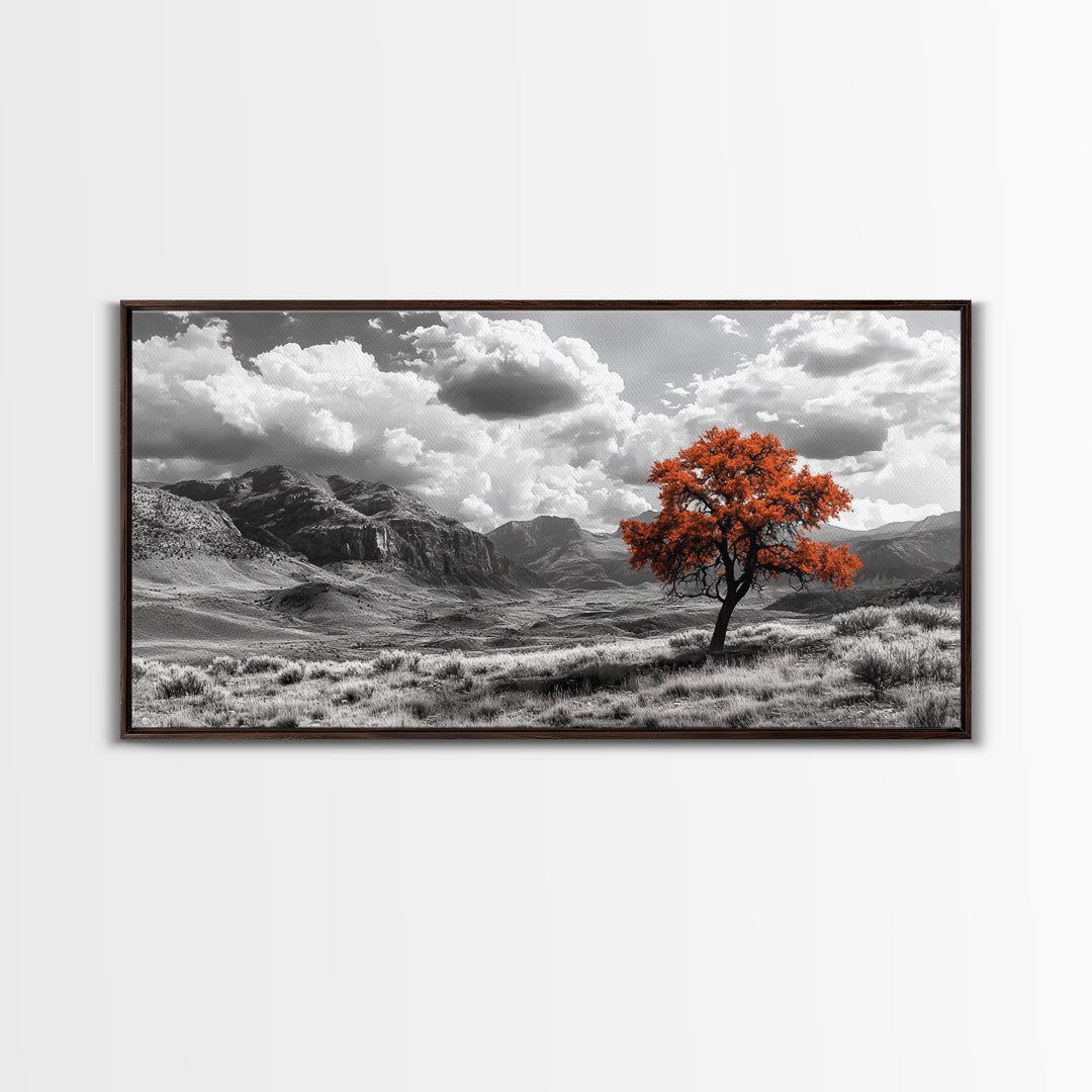 Autumn Tree Vista, Western Mountains Landscape, Vibrant Fall Decor, Dramatic Skies Canvas Print, Framed Canvas Print, Nature Wall Art