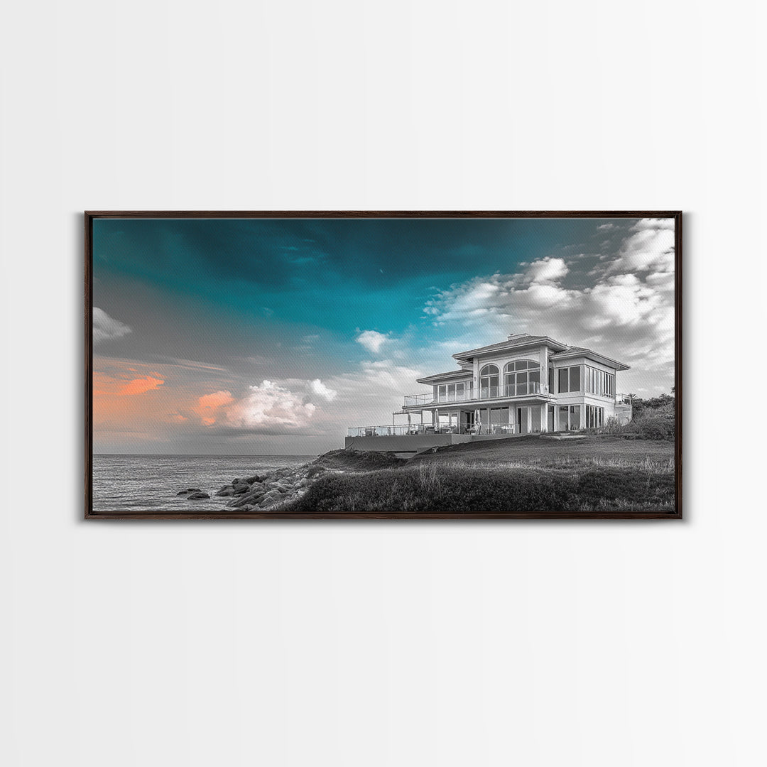 Beach House, Coastal Sunset, Ocean View, Framed Canvas Print, Modern Coastal Decor, Living Room Art, Ocean Sky Photography