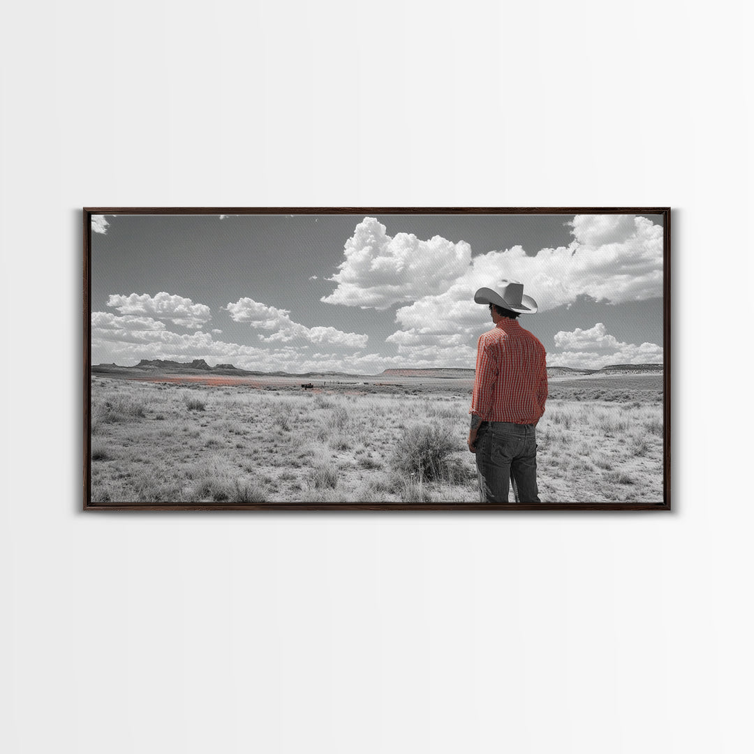 Cowboy Stare, Western Horizon, Desert Dream, American Spirit, Framed Canvas Print, Rustic Bedroom Art, Country Wall Decor, Western Style
