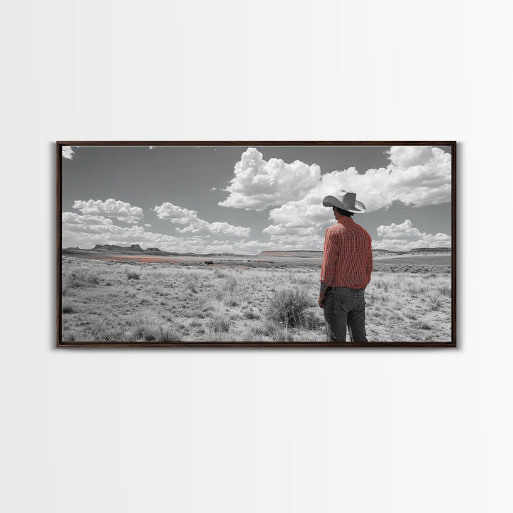 Cowboy Stare, Western Horizon, Desert Dream, American Spirit, Framed Canvas Print, Rustic Bedroom Art, Country Wall Decor, Western Style