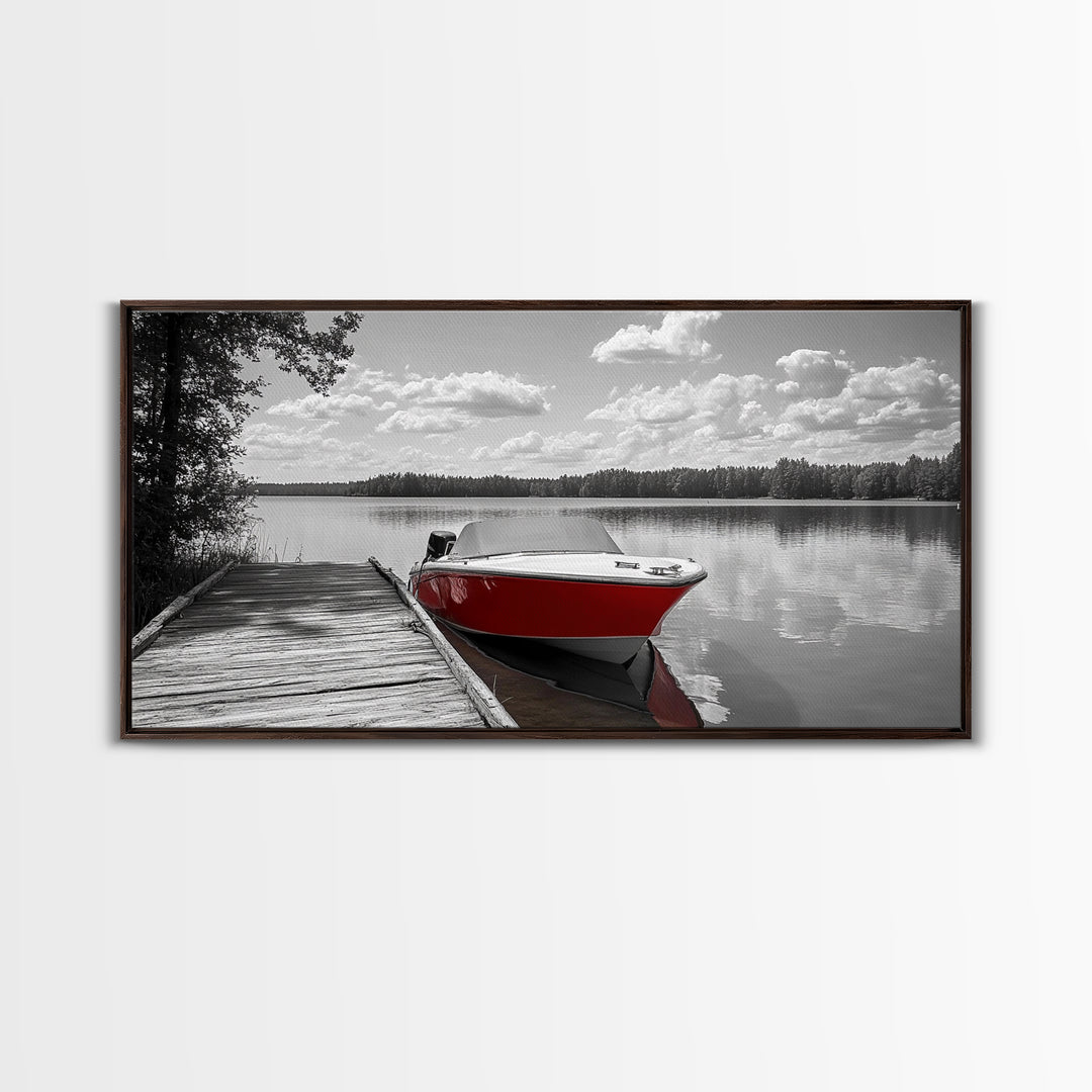 Rustic Boathouse, Red Canoe, Lake Reflection, Tranquil Nature, Framed Canvas Print, Cabin Wall Art, Autumn Lake House Decor