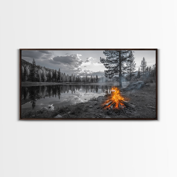 Campfire Sunset, Lake Reflections, Wilderness Escape, Nature Serenity, Framed Canvas Print, Rustic Decor, Autumn Wall Art, Living Room