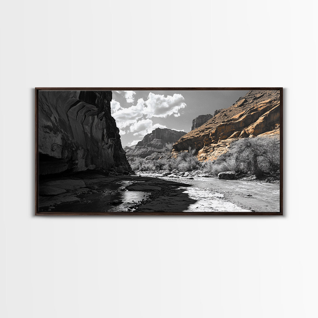 Desert Canyon, River Shadows, Rock Formations, Wild Terrain, Framed Canvas Print, Nature Wall Art, Earth Tone Decor, Living Room Style